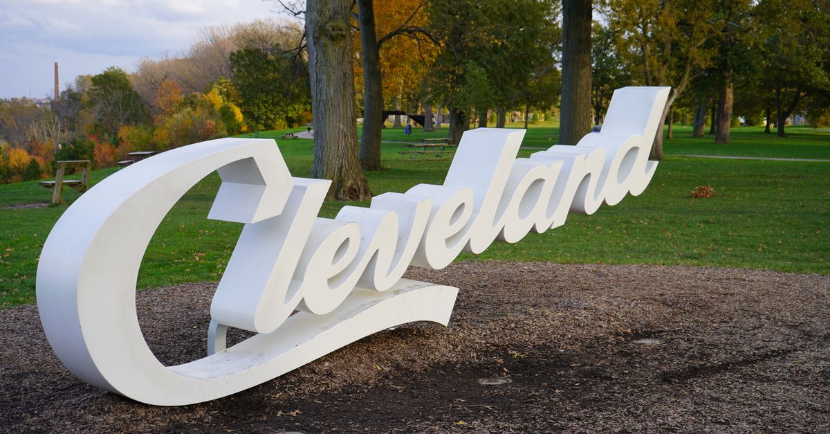 Autumn view of the Cleveland sign in scenic Edgewater Park.
